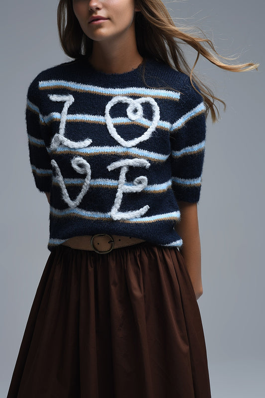 Short Sleeve Embroidered Love Sweater in navy - Sweaters