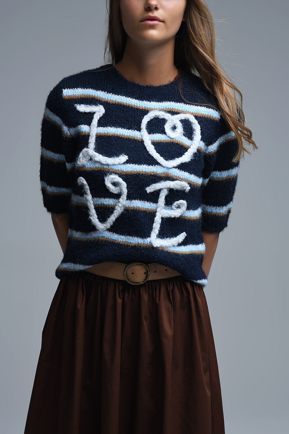 Short Sleeve Embroidered Love Sweater in navy - Sweaters