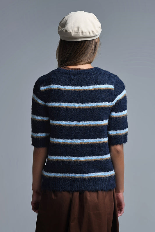 Short Sleeve Embroidered Love Sweater in navy - Sweaters