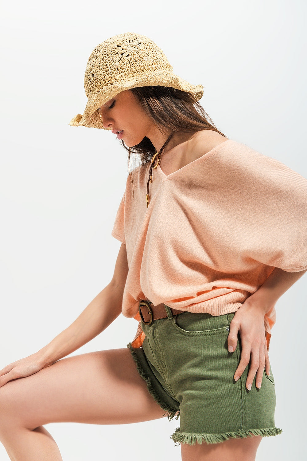 Short sleeve jumper in v neck in pink - Jumpers