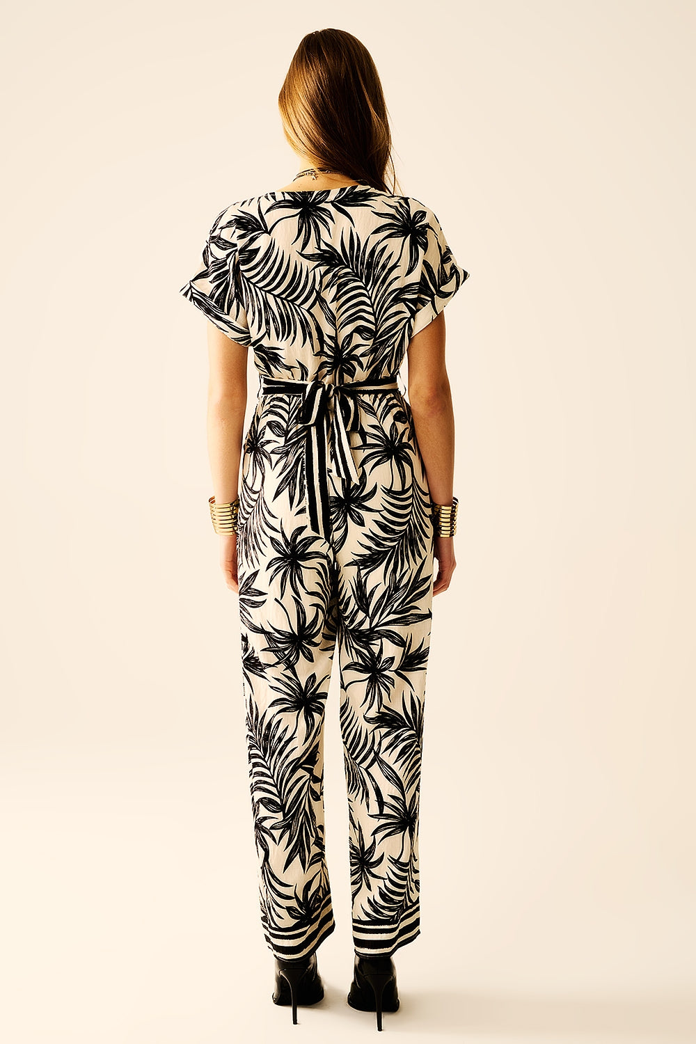 Tropical Motif Short Sleeve Jumpsuit in black and white - One Piece
