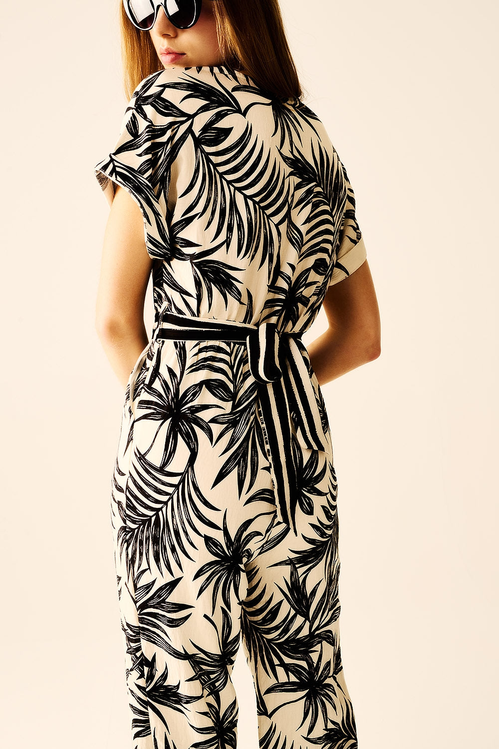 Tropical Motif Short Sleeve Jumpsuit in black and white - One Piece