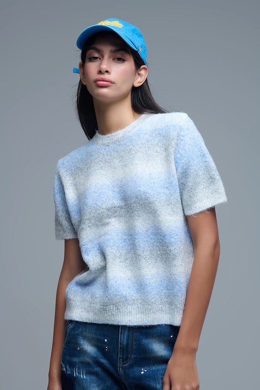 Short Sleeve Ombré Striped Sweater in Blue - Sweaters