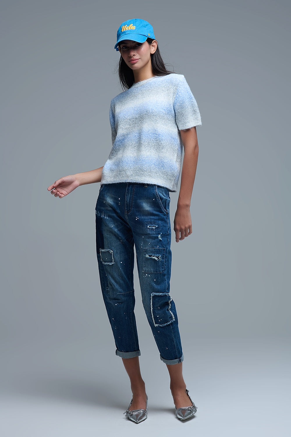 Short Sleeve Ombré Striped Sweater in Blue - Sweaters