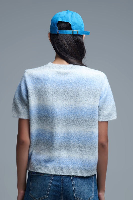 Short Sleeve Ombré Striped Sweater in Blue - Sweaters