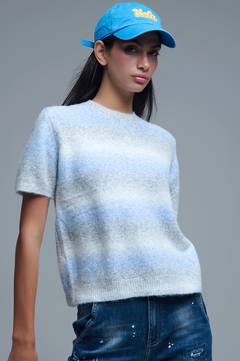 Short Sleeve Ombré Striped Sweater in Blue - Sweaters