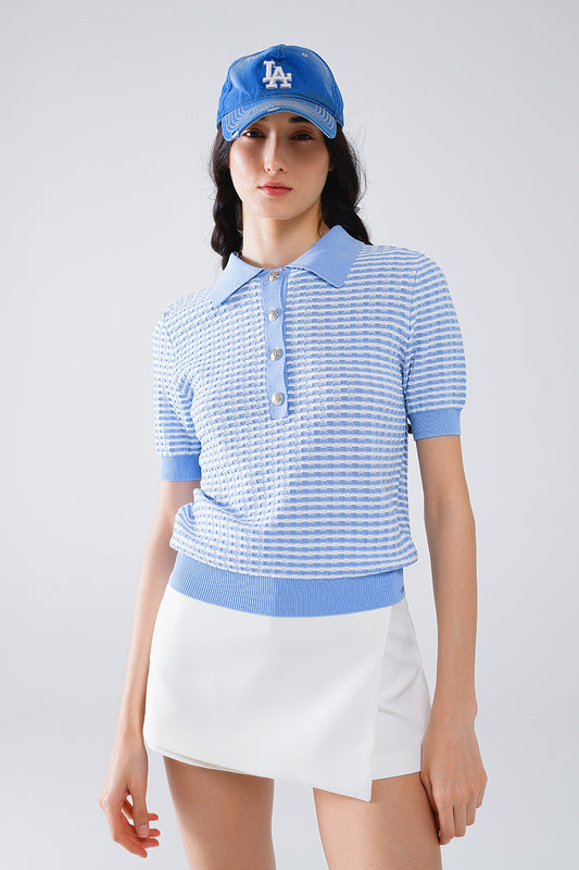 Short Sleeve Polo In Blue With White Stripes - Polos