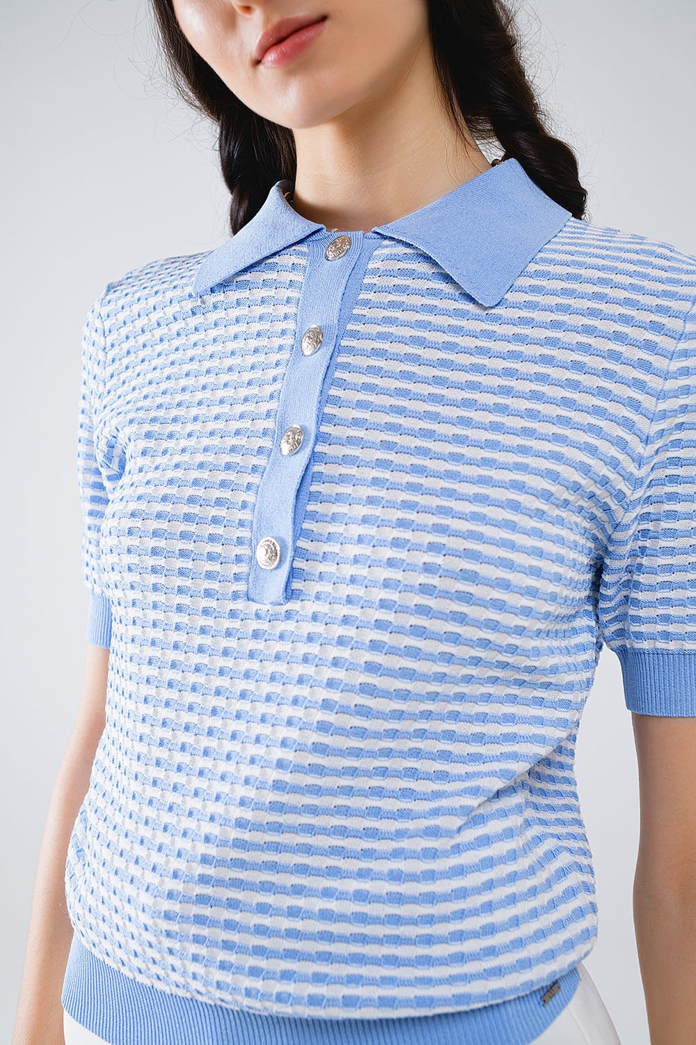 Short Sleeve Polo In Blue With White Stripes - Polos