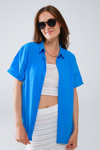 Short Sleeve Relaxed Button Up Shirt in Blue