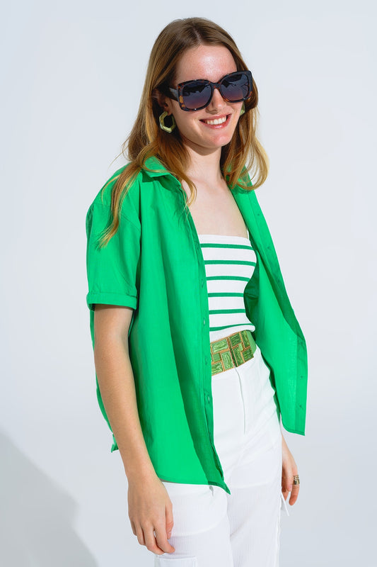 Short Sleeve Relaxed Button Up Shirt in Green - Shirts