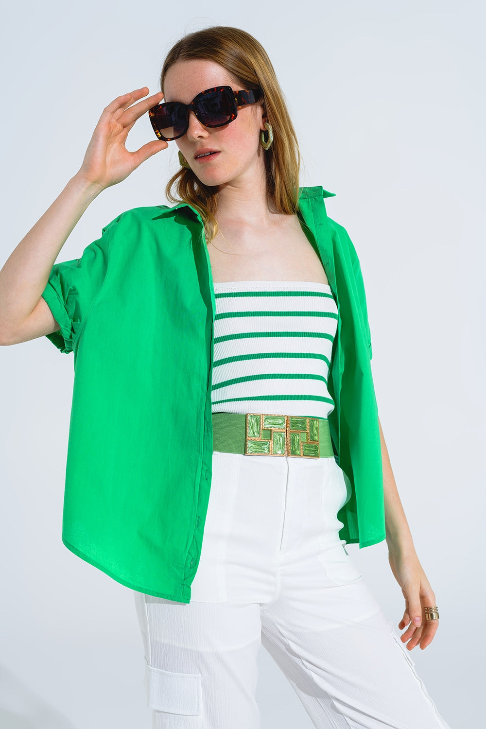 Short Sleeve Relaxed Button Up Shirt in Green - Shirts