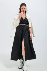 Short sleeve satin maxi dress in black