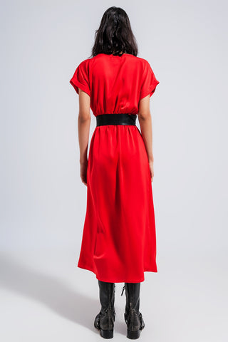 Vestido longo de cetim manga curta vermelho