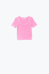 Short Sleeve sweater In pink With Silver Seam at Round Neck