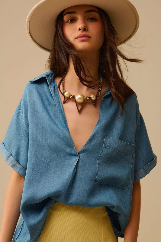 Short Sleeve Tencel Shirt With Chest Pocket in Blue - Shirts