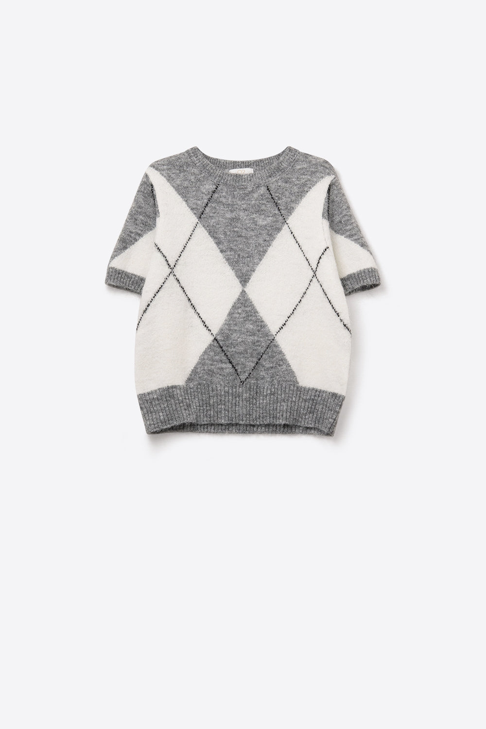 short-sleeved sweater with diamond print in grey and white - Sweaters