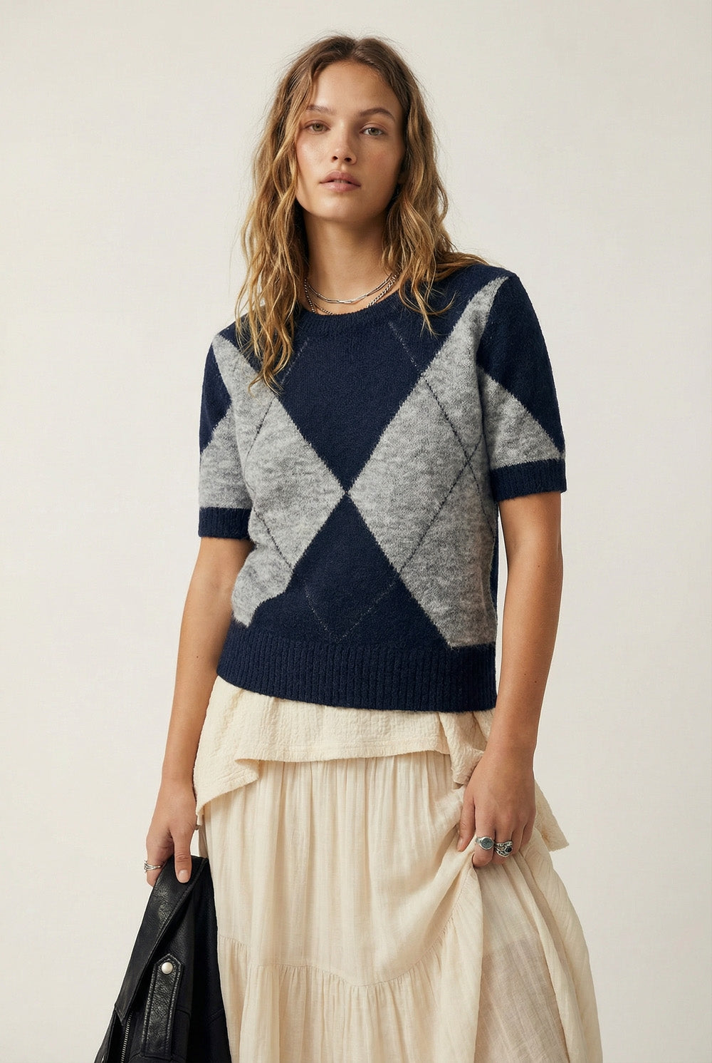 short-sleeved sweater with diamond print in navy and grey - Sweaters