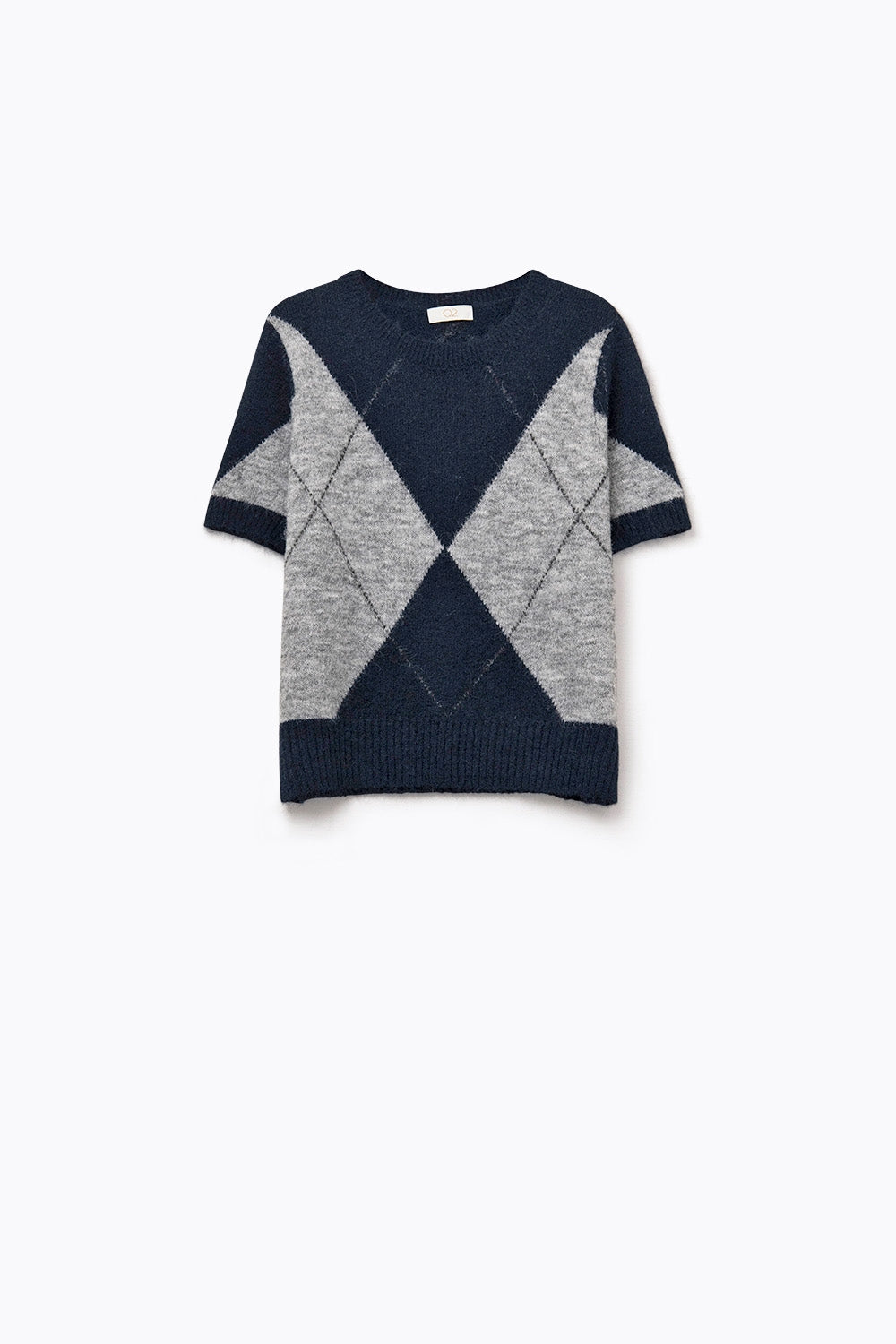 short-sleeved sweater with diamond print in navy and grey - Sweaters