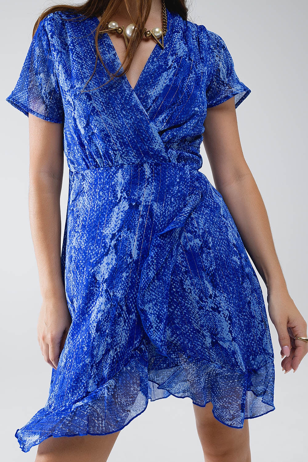 Short Wrap Dress in blue animal printed and Gold lurex - Dresses
