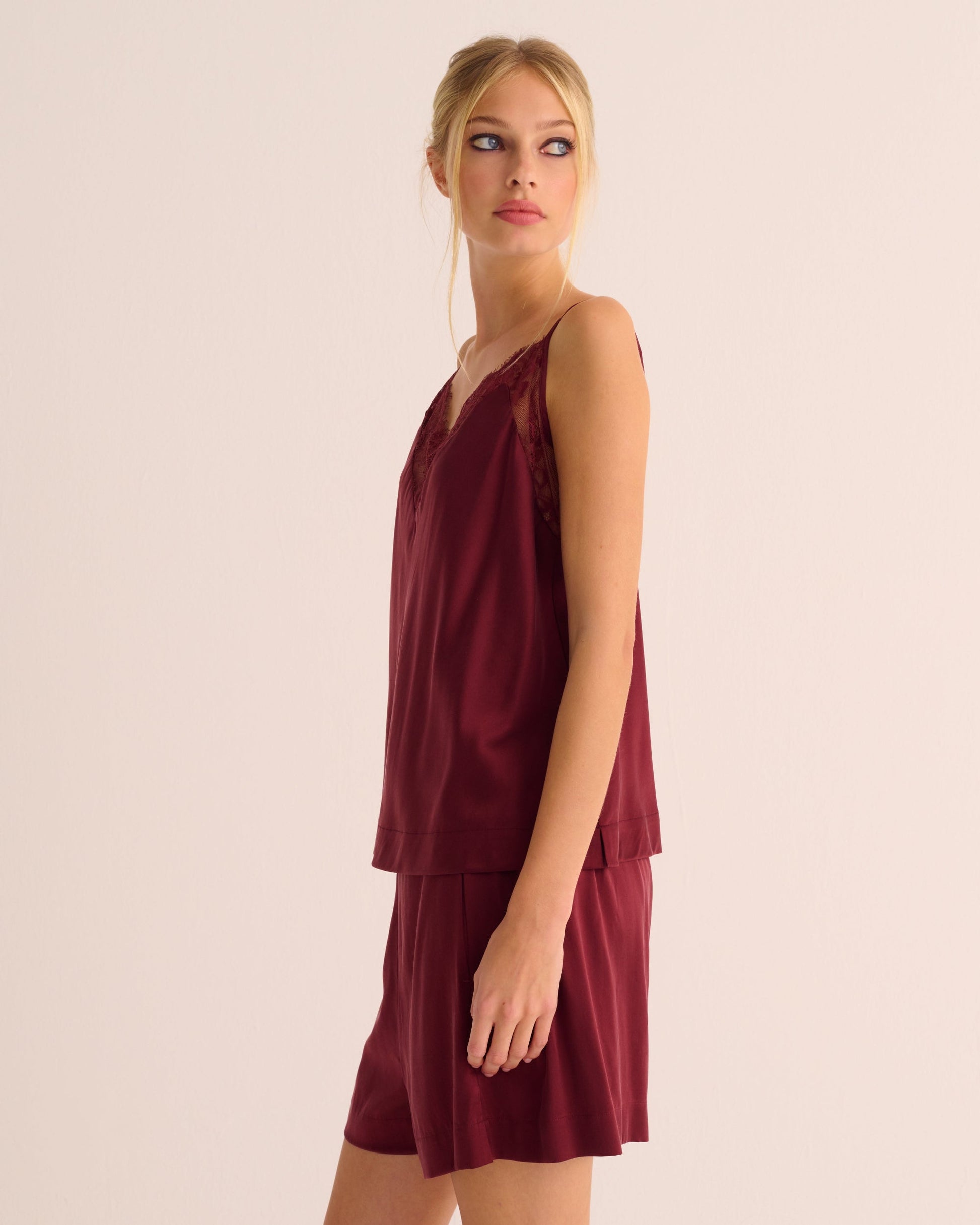 Merlot Washable Organic Stretch Silk Camisole and Shorts Set - Loungewear