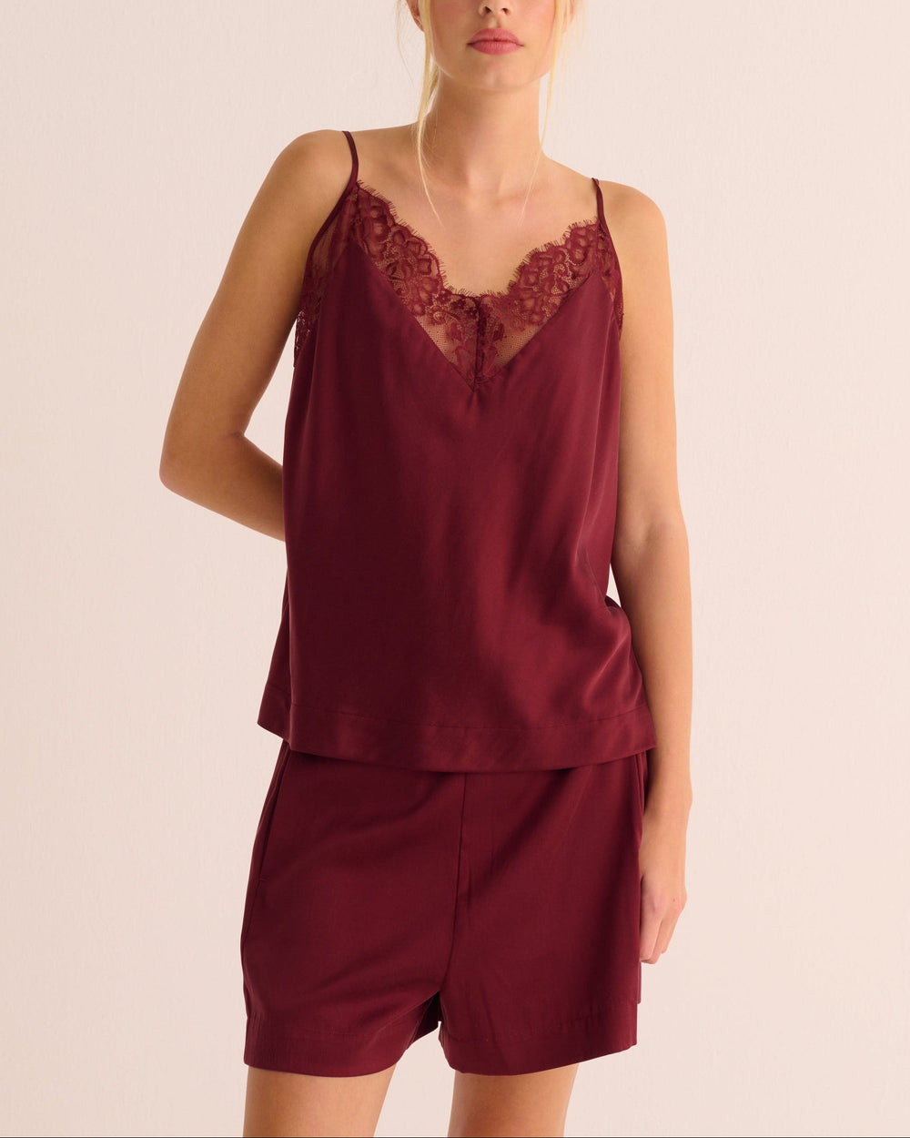 Ensemble caraco et short en soie stretch biologique lavable Merlot