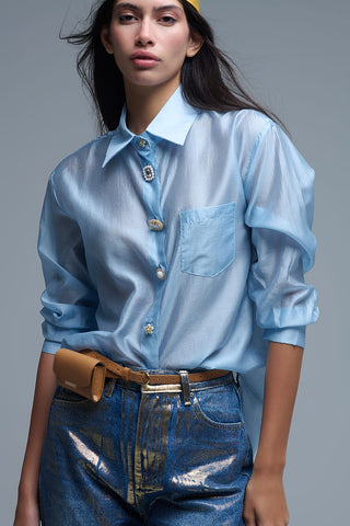 Chemise ample soyeuse à boutons bleus