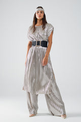 Silver Pleated Dress With Belt And Short Sleeves