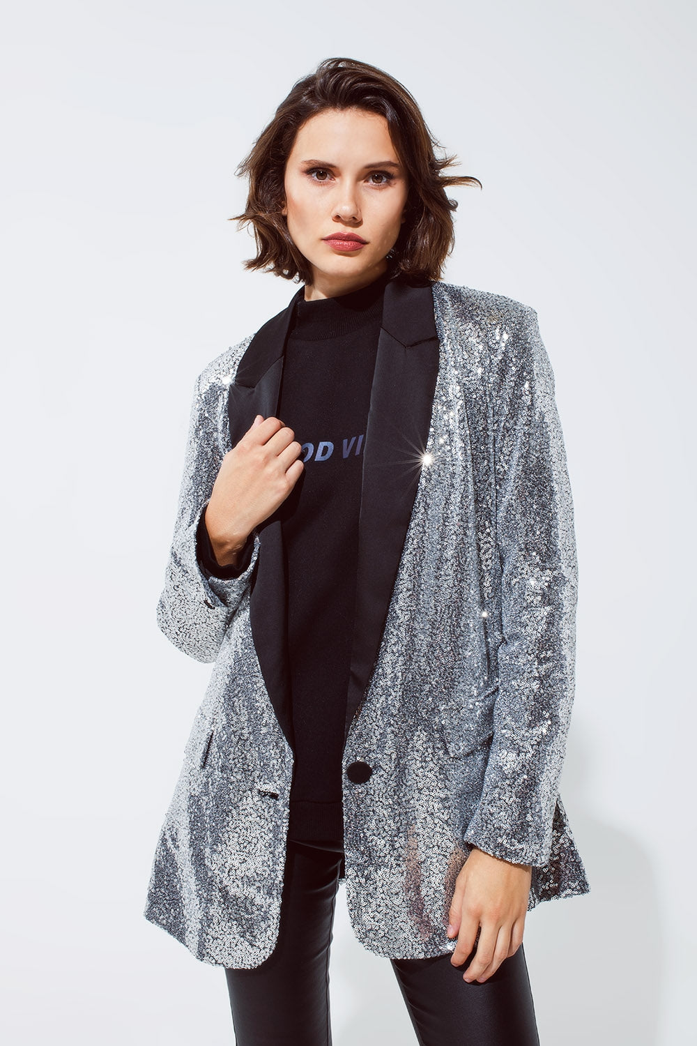 Silver Sequin tuxedo Blazer with Satin Black Lapels - Blazers