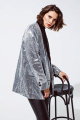 Silver Sequin tuxedo Blazer with Satin Black Lapels