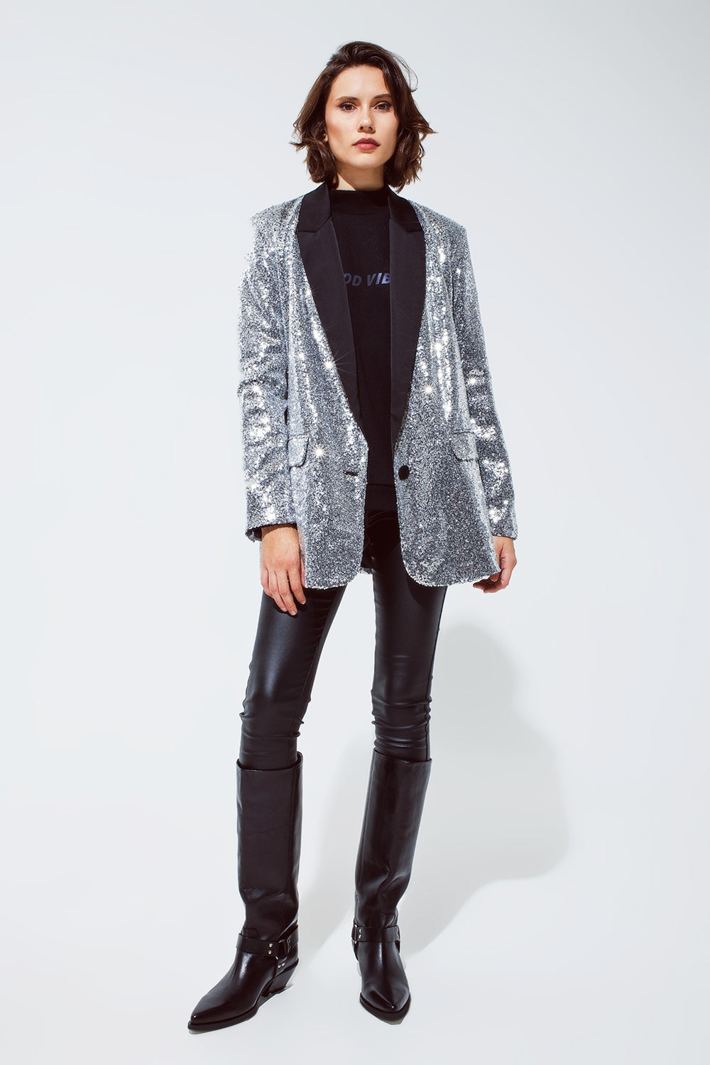 Silver Sequin tuxedo Blazer with Satin Black Lapels - Blazers