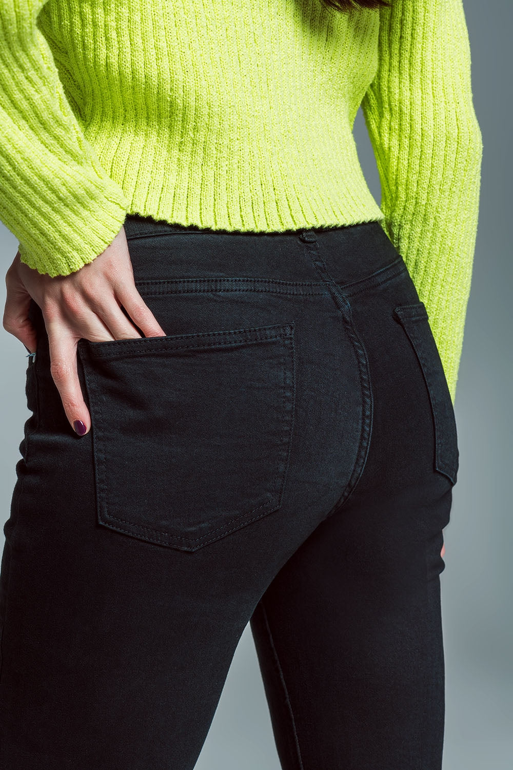 Skinny Flared Jeans With Double Button Detail in Black - Jeans