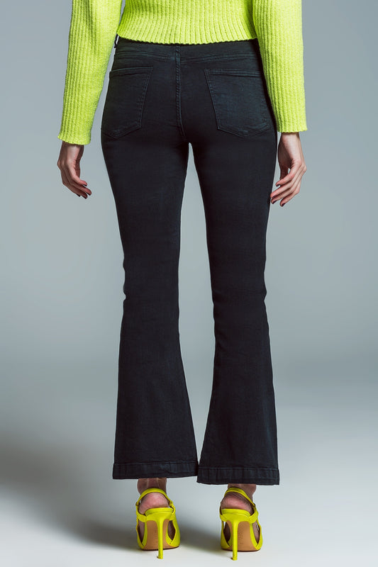 Skinny Flared Jeans With Double Button Detail in Black - Jeans