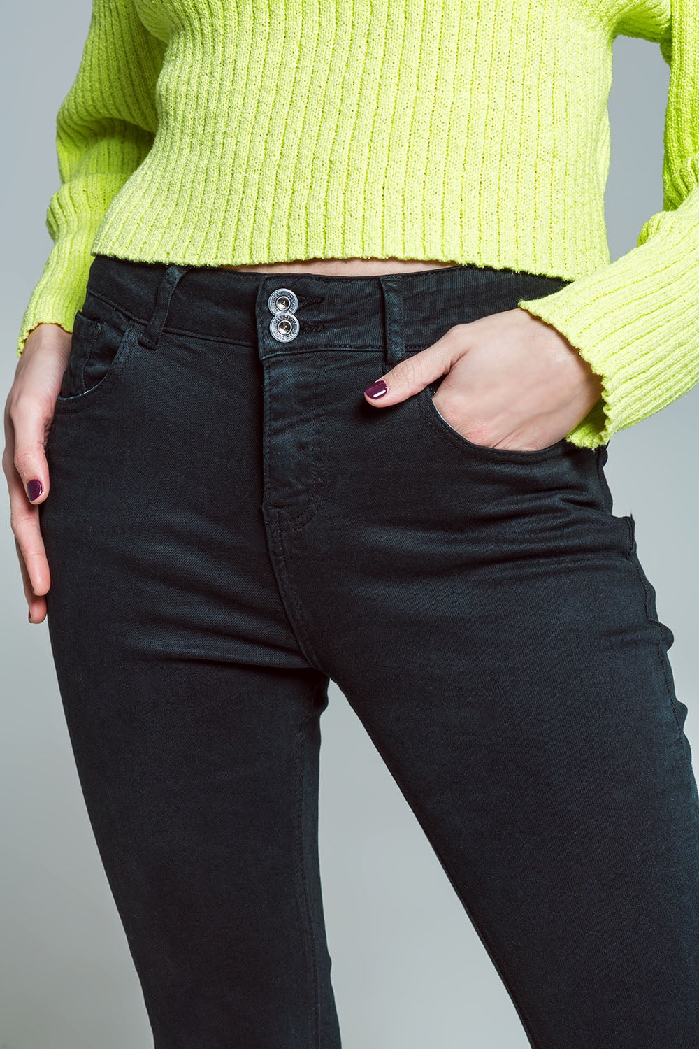 Skinny Flared Jeans With Double Button Detail in Black - Jeans