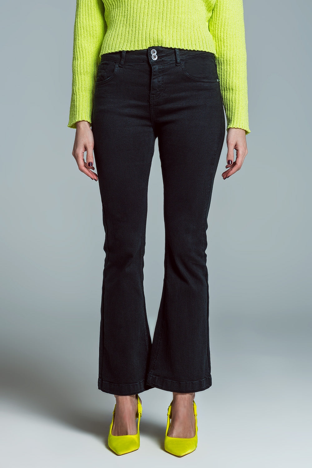 Skinny Flared Jeans With Double Button Detail in Black - Jeans
