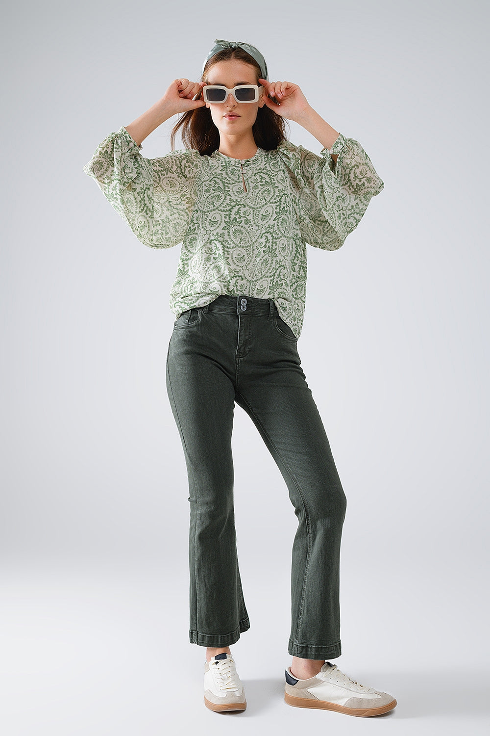 Skinny Flared Jeans With Double Button Detail in Khaki - Jeans
