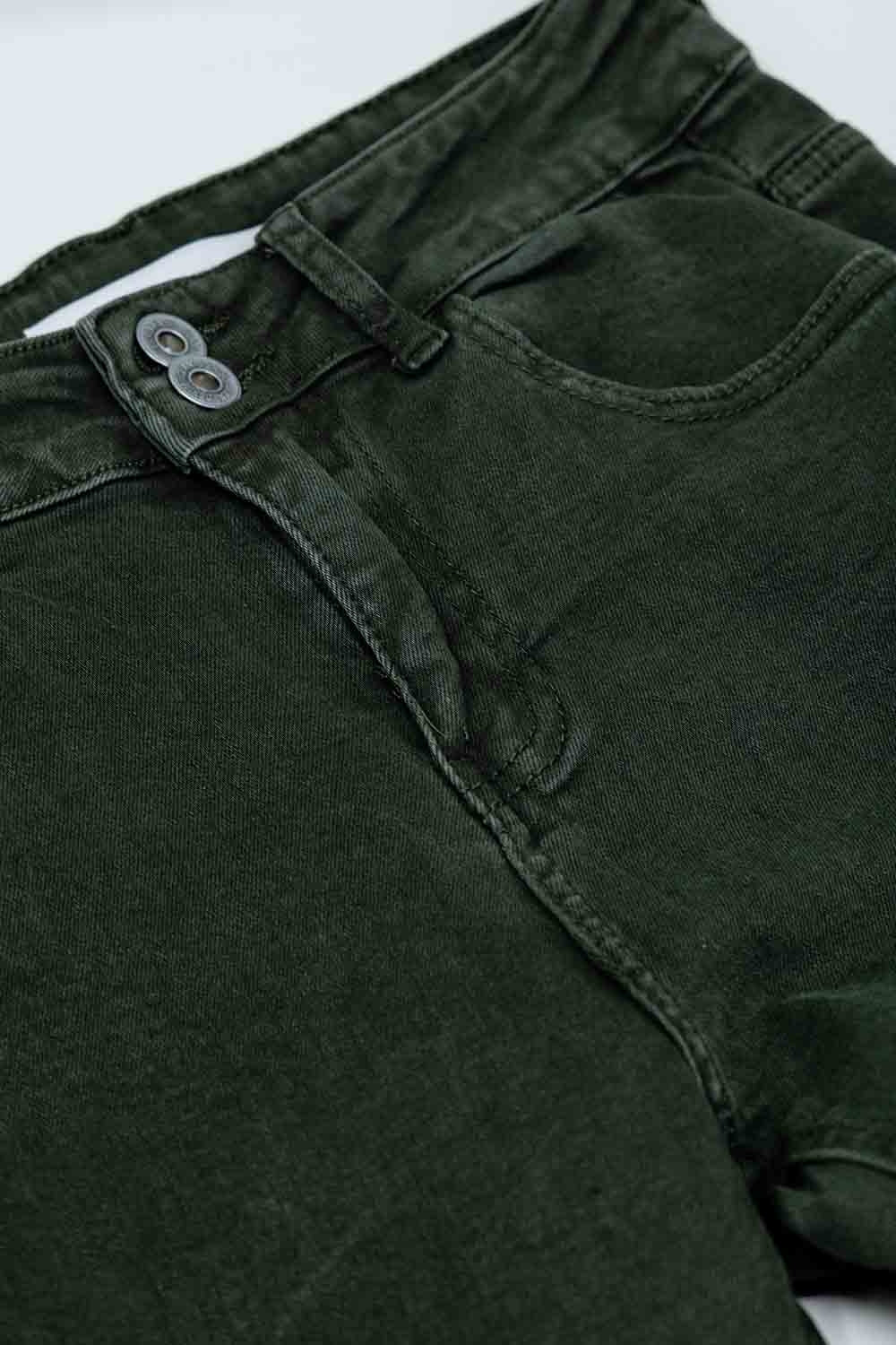 Skinny Flared Jeans With Double Button Detail in Khaki - Jeans