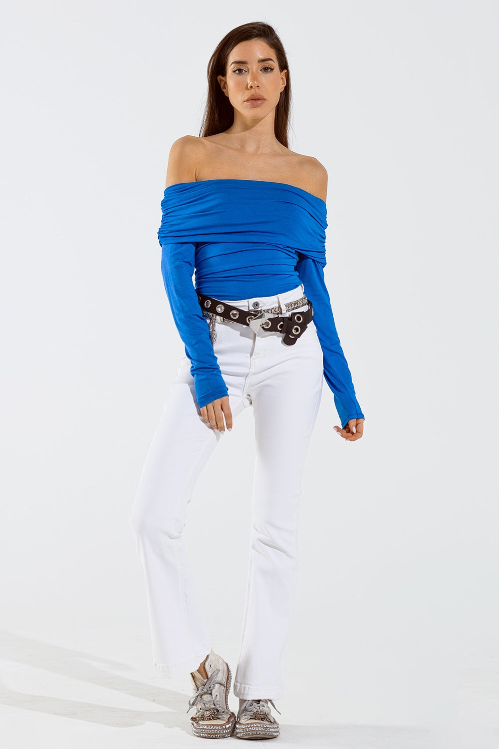 Skinny Flared Jeans With Double Button Detail in White - Jeans