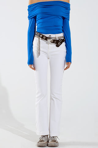 Skinny Flared Jeans With Double Button Detail in White