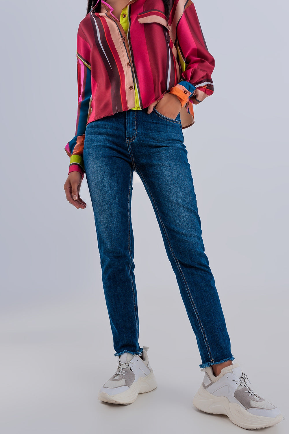 Skinny high waist raw hem jeans in dark blue - Jeans