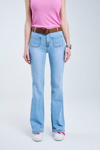 Skinny Light Wash Flare Jeans With Front Pockets