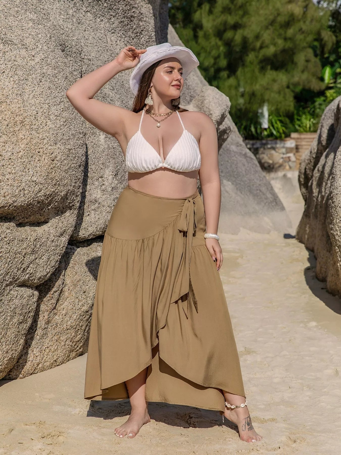 Plus Size High-Low Skirt with Tie Detail - Skirts