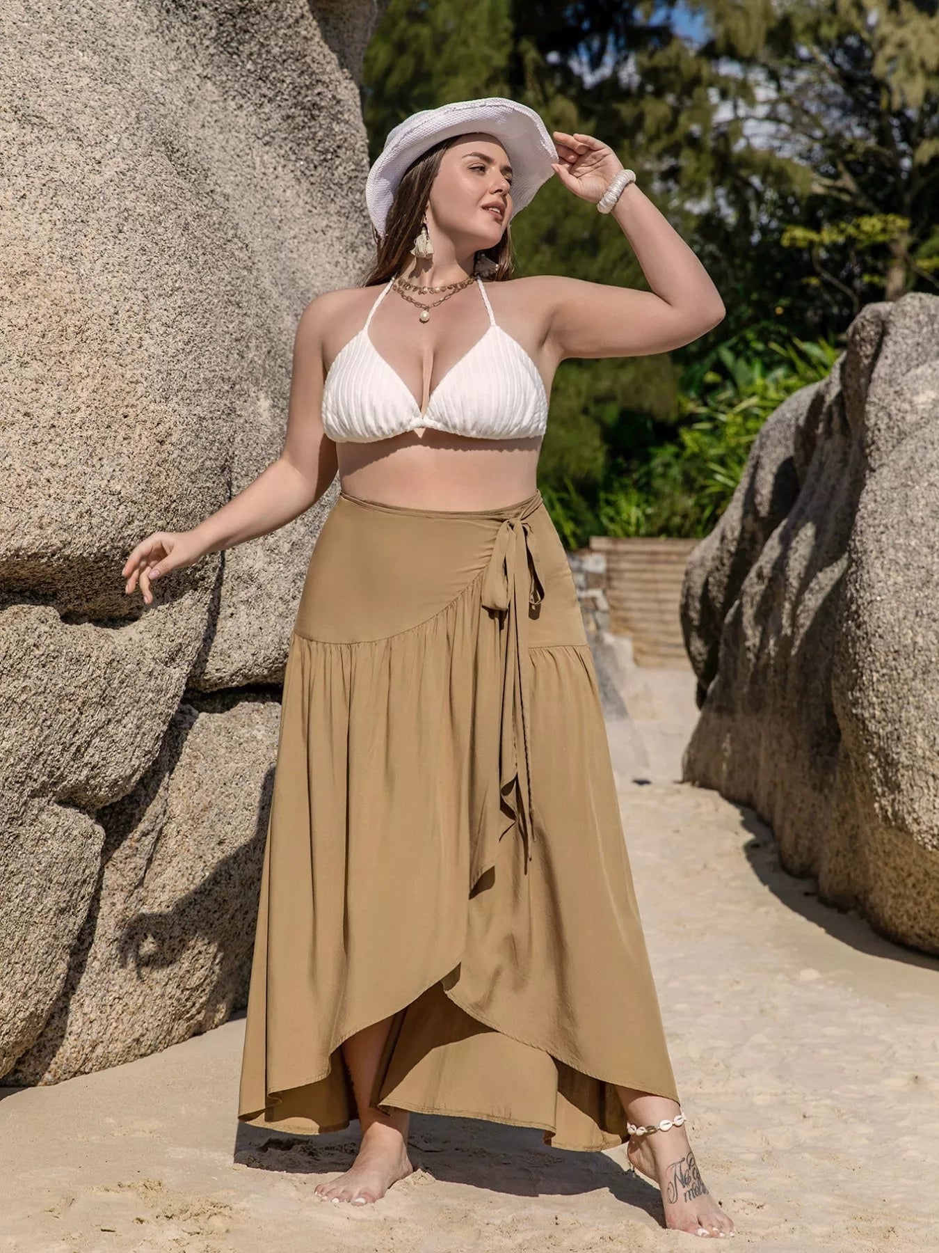 Plus Size High-Low Skirt with Tie Detail - Skirts