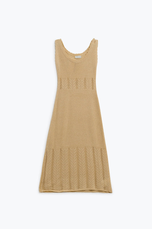 Sleeveless beige knit midi dress with round neck - Dresses