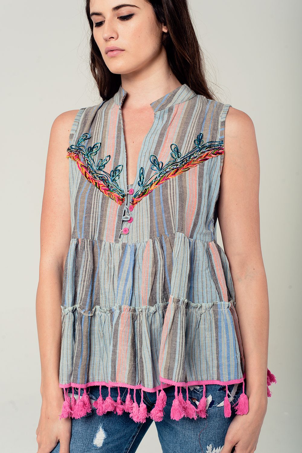 Sleeveless blouse with tassels and embroidery in grey - Blouses