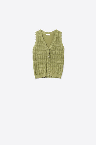 Pointelle Knitted Vest With Scalloped Edges in Khaki