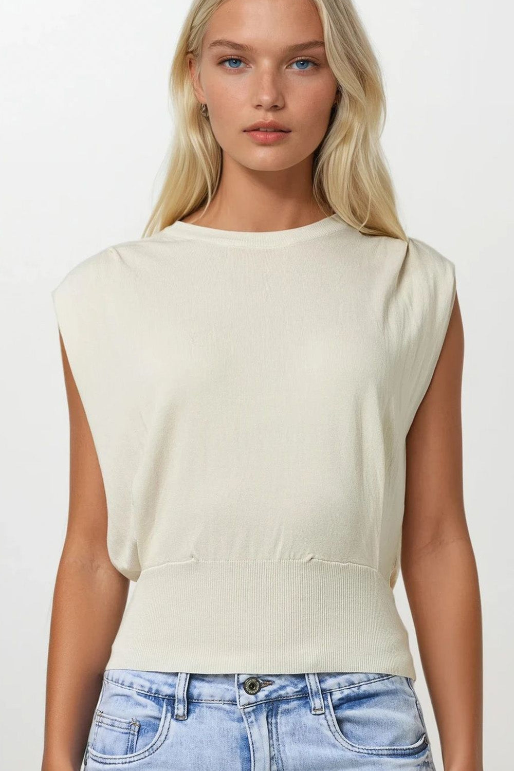 Sleeveless Knited Top With Shoulder Drape in Beige - Jumpers