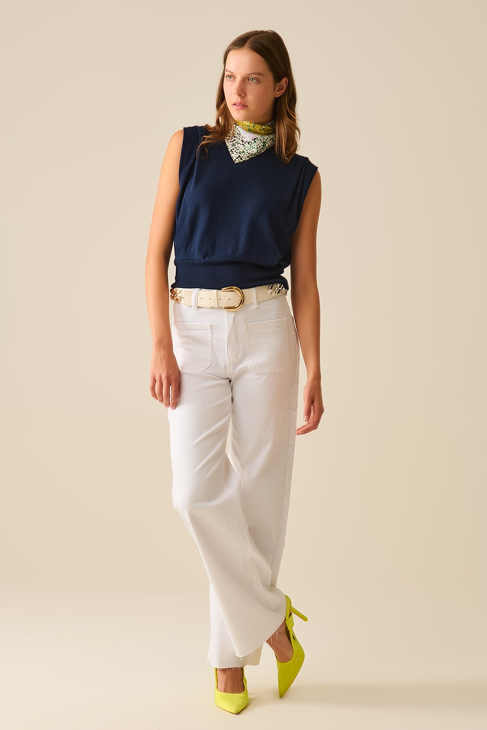 Sleeveless Knited Top With Shoulder Drape in Navy - Jumpers