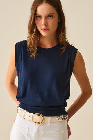 Sleeveless Knited Top With Shoulder Drape in Navy