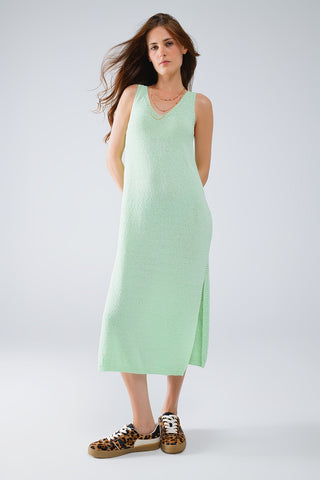 Sleeveless knitted Maxi Green Dress With Side Slit