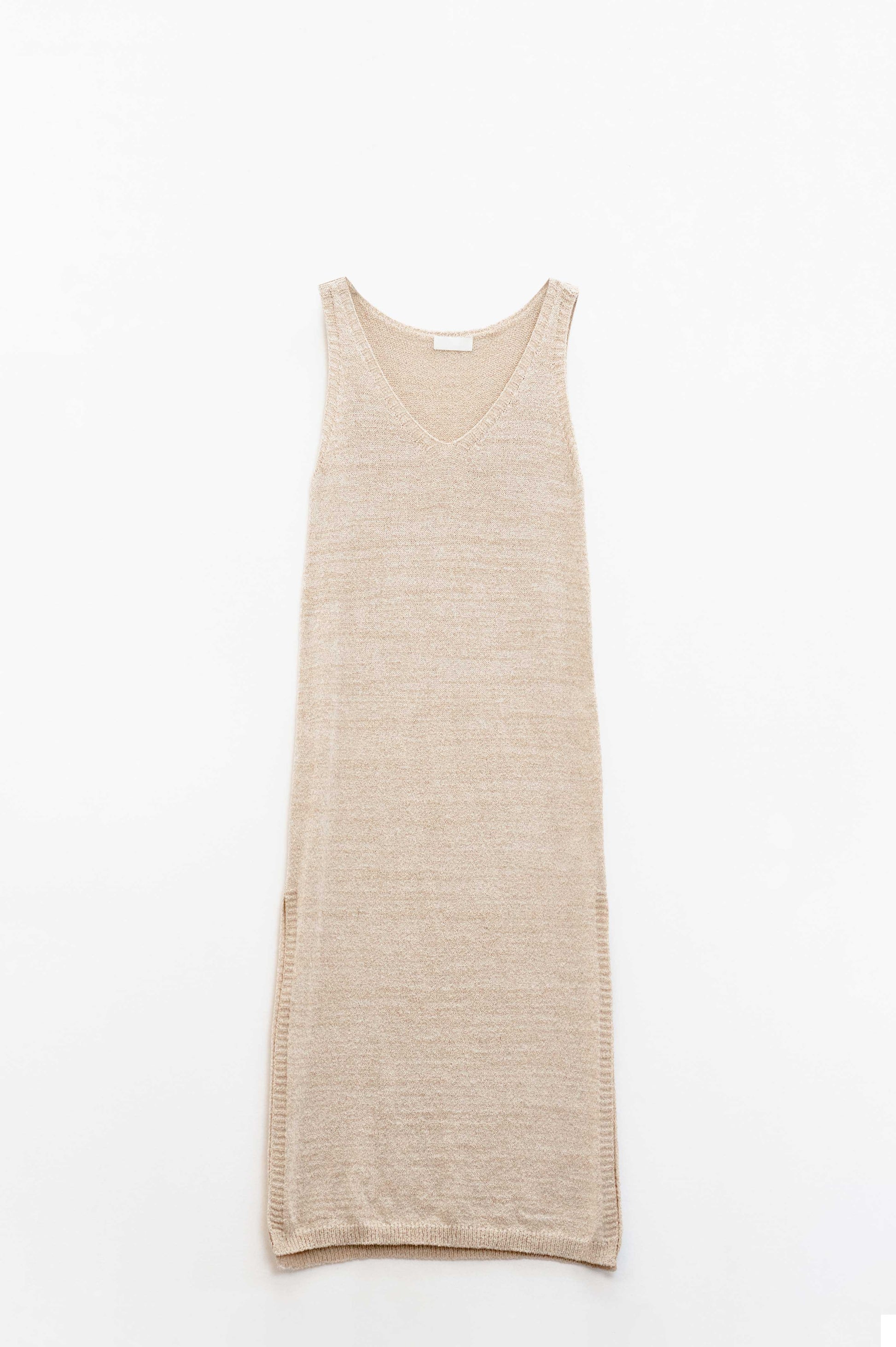 Sleeveless Maxi Beige Dress With Side Slit - Dresses